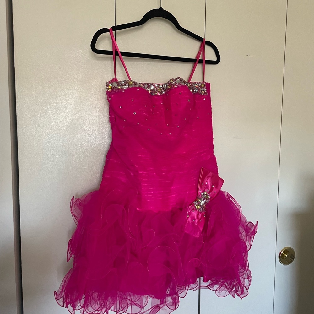 Gorgeous hot pink party dress cocktail dress neon pink bow rhinestones